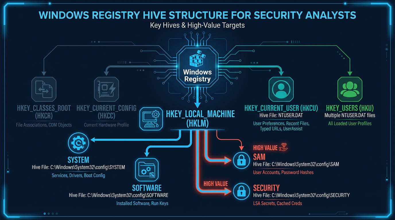 Windows Registry hive structure showing the five root keys, their associated hive files on disk, and the types of forensic artifacts stored in each