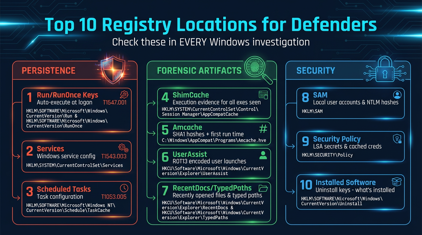 Top 10 registry locations for defenders — organized by persistence, forensic artifacts, and security, with ATT&CK technique mappings