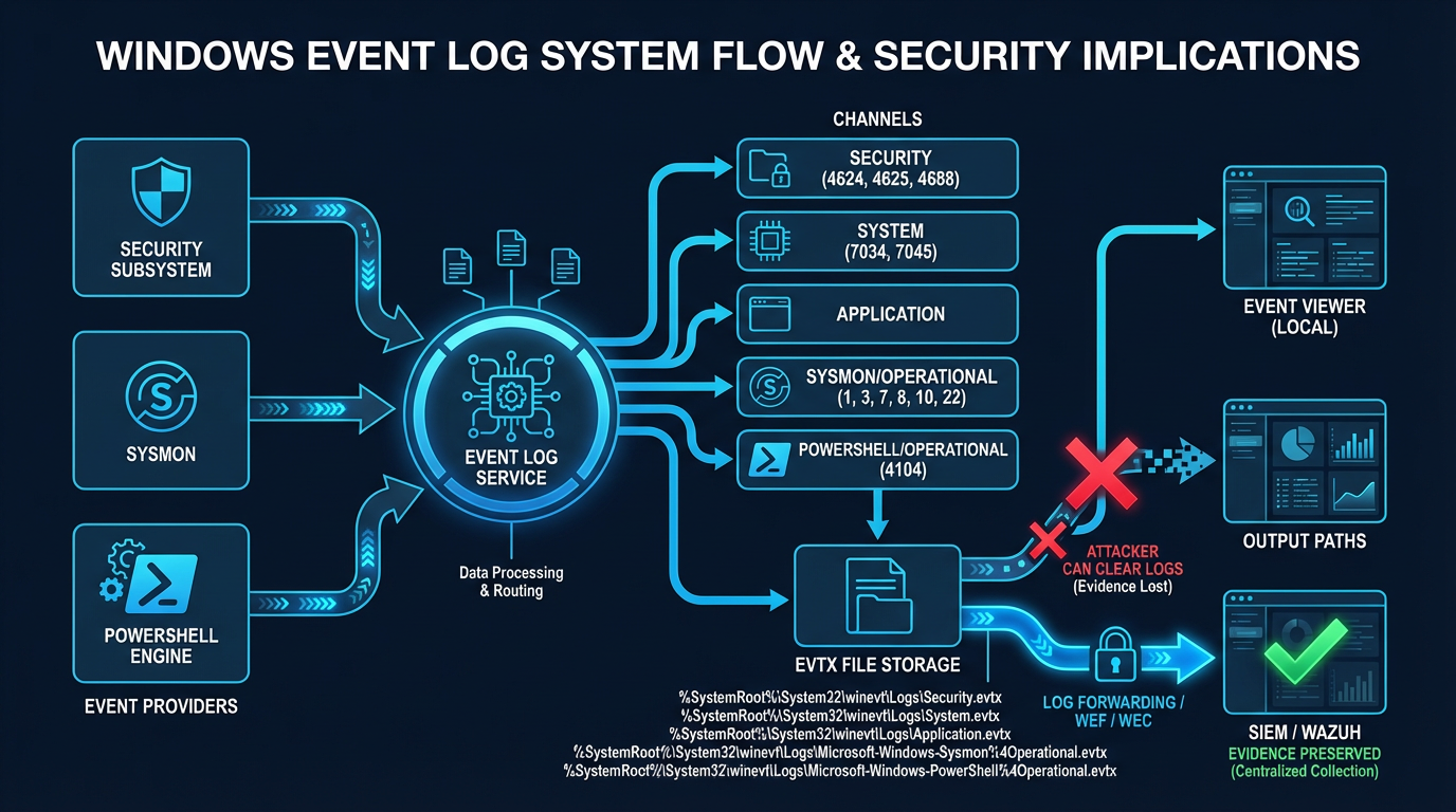 Windows Event Log architecture showing the flow from event providers through the Event Log Service to .evtx files, with key channels highlighted