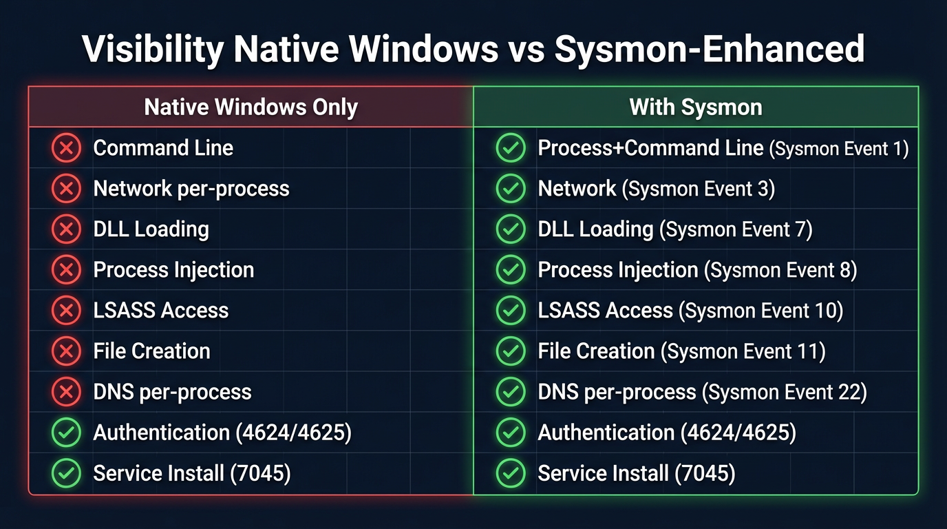 Comparison of native Windows logging vs Sysmon-enhanced logging — showing the visibility gaps that Sysmon fills across process, network, file, and registry monitoring