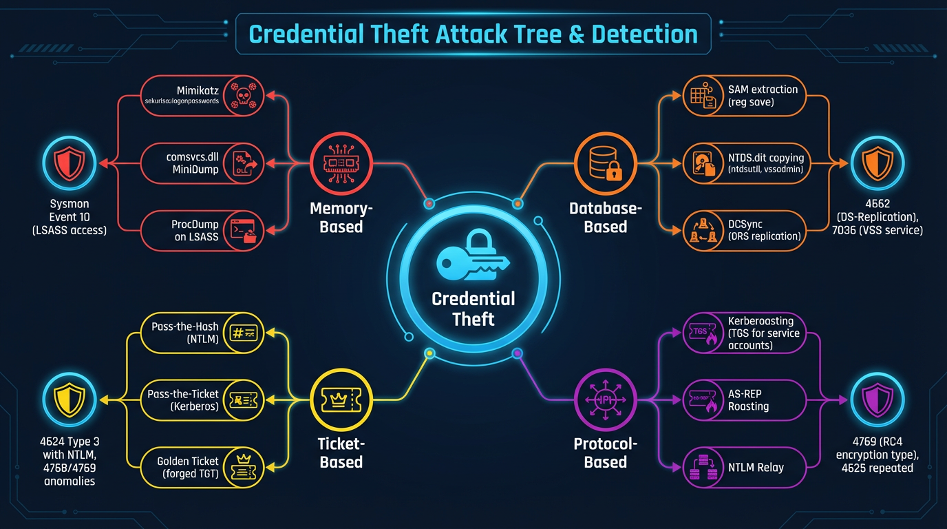 Credential theft attack tree — techniques mapped to the credential storage location they target, from LSASS dumping through Kerberoasting to Golden Ticket