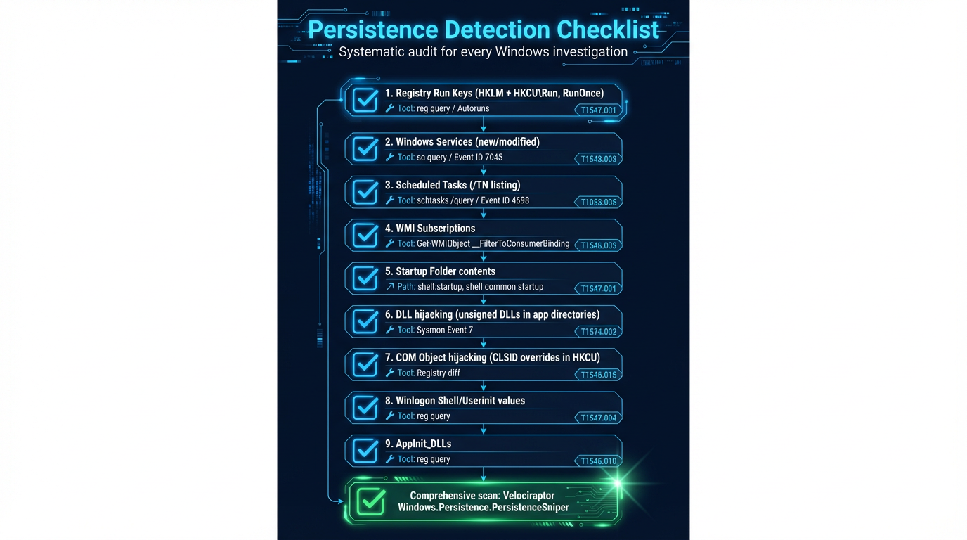 Persistence detection checklist — systematic approach to auditing all Windows persistence mechanisms in a single workflow