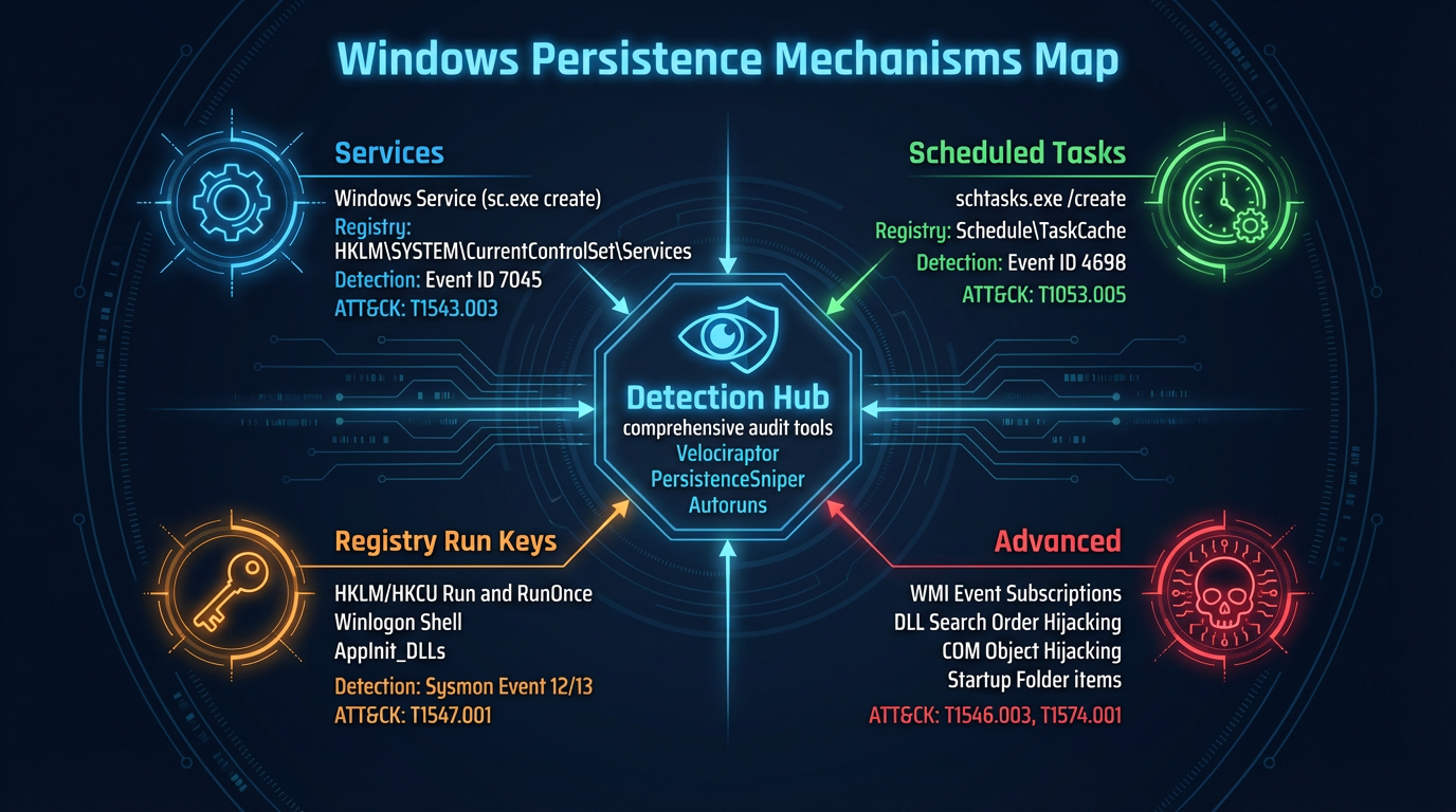 Map of Windows persistence mechanisms organized by category — services, tasks, registry, WMI, startup folder, DLL hijacking, and COM hijacking