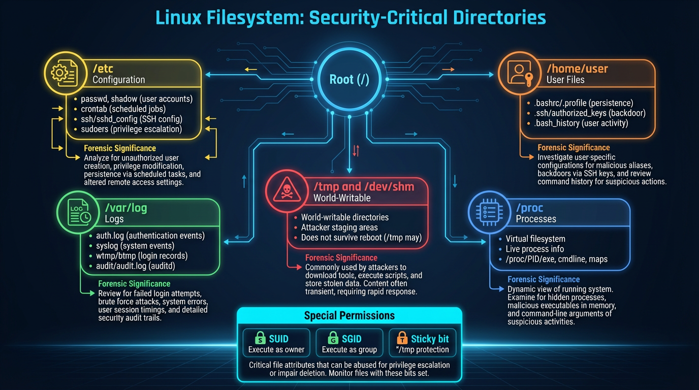 Linux filesystem hierarchy and security-critical directories for SOC investigation