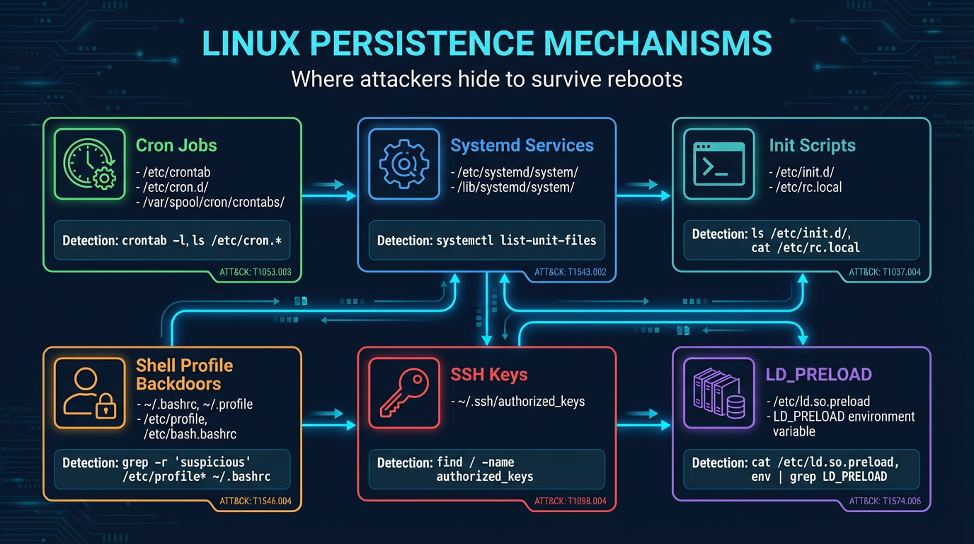 Common Linux persistence mechanisms — cron, systemd, SSH keys, init scripts, and LD_PRELOAD