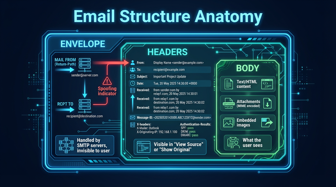 The three structural layers of an email — envelope, headers, and body — each carrying different forensic value