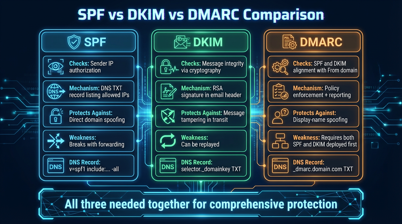 SPF, DKIM, and DMARC comparison — each protocol validates a different aspect of email authenticity
