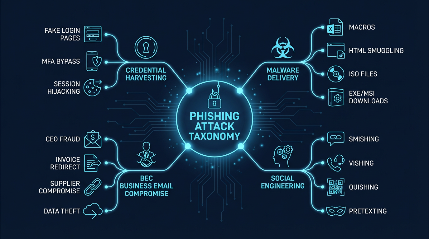 Phishing taxonomy — the major categories of phishing attacks organized by objective and technique