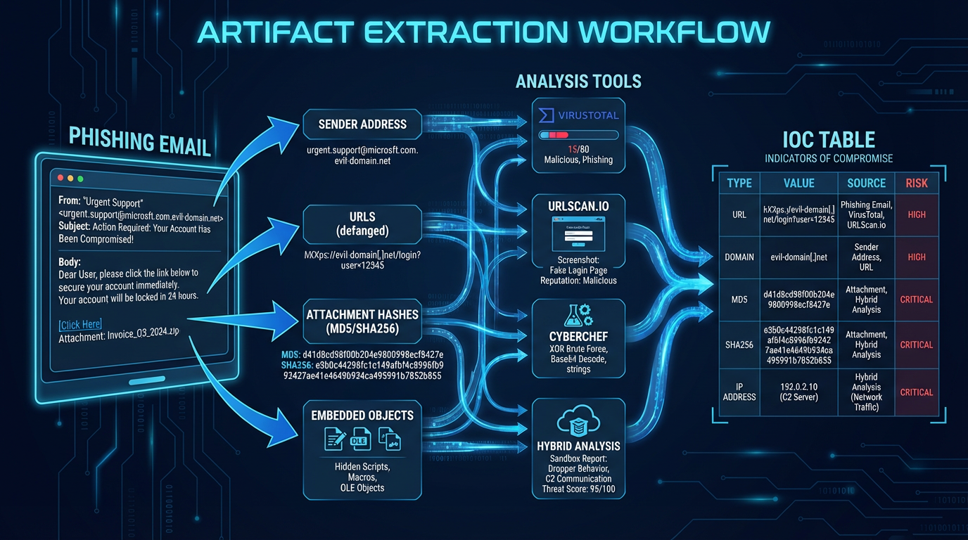 Artifact extraction workflow — from raw email through extraction, analysis, and IOC table creation