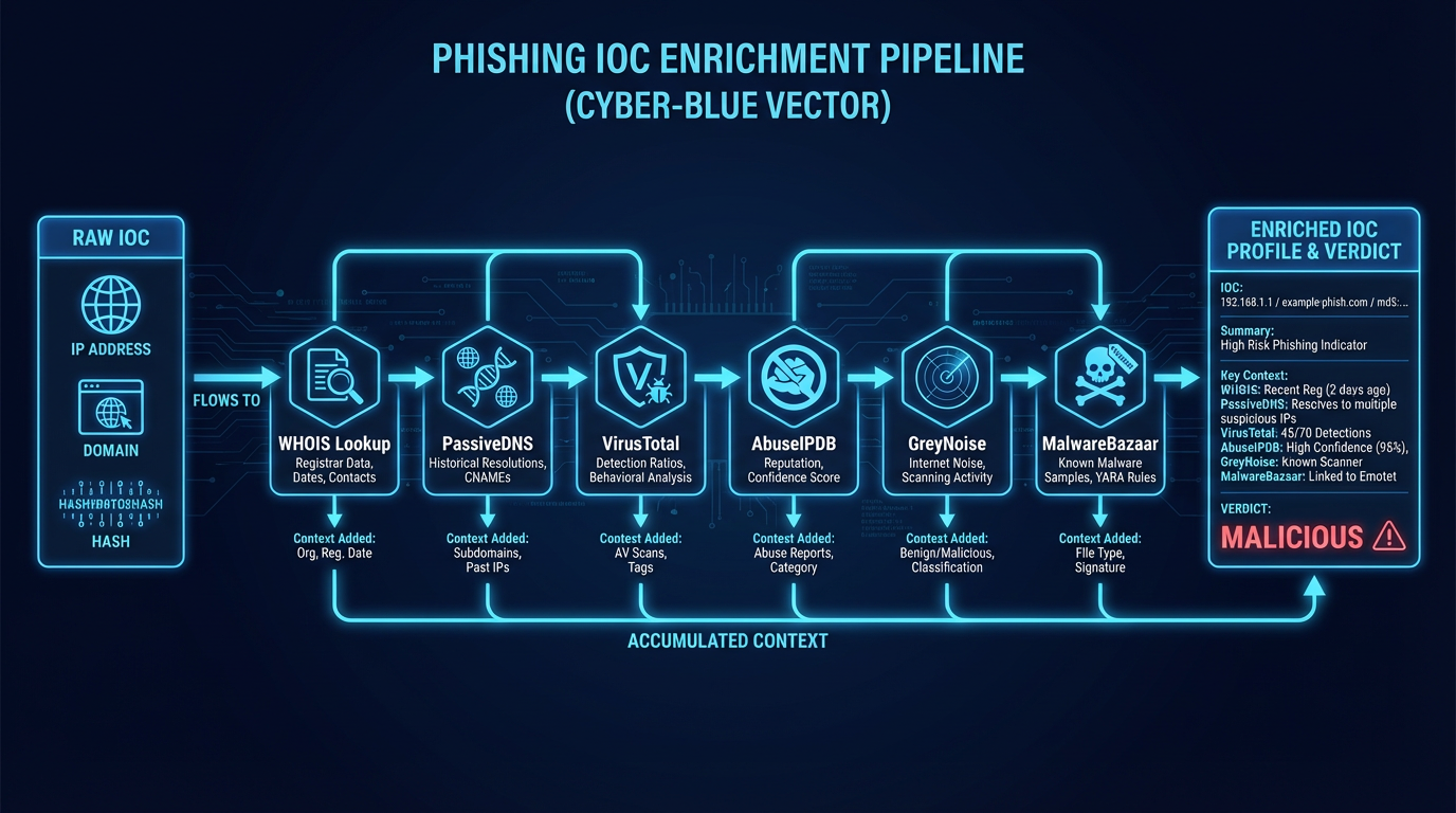 IOC enrichment pipeline — from raw extraction through OSINT lookups to actionable intelligence