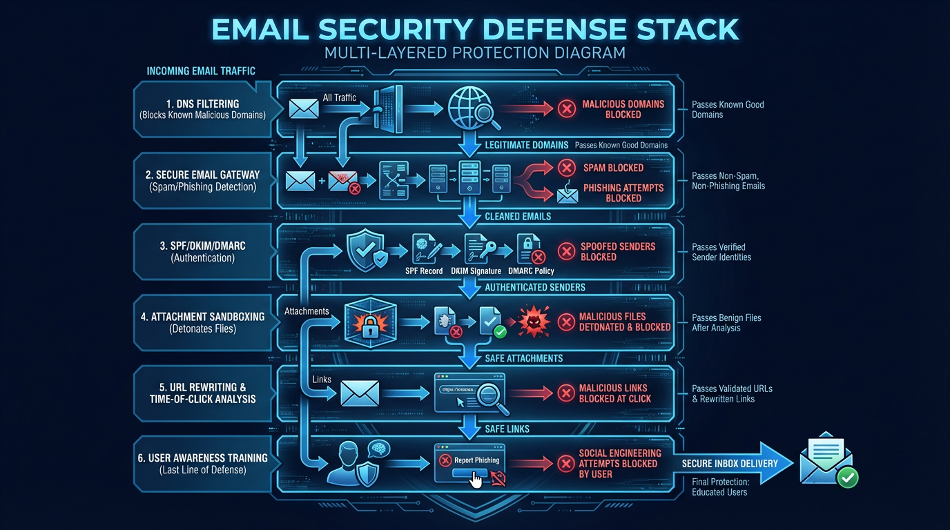 The email security stack — from perimeter filtering through sandboxing, URL rewriting, and post-delivery remediation