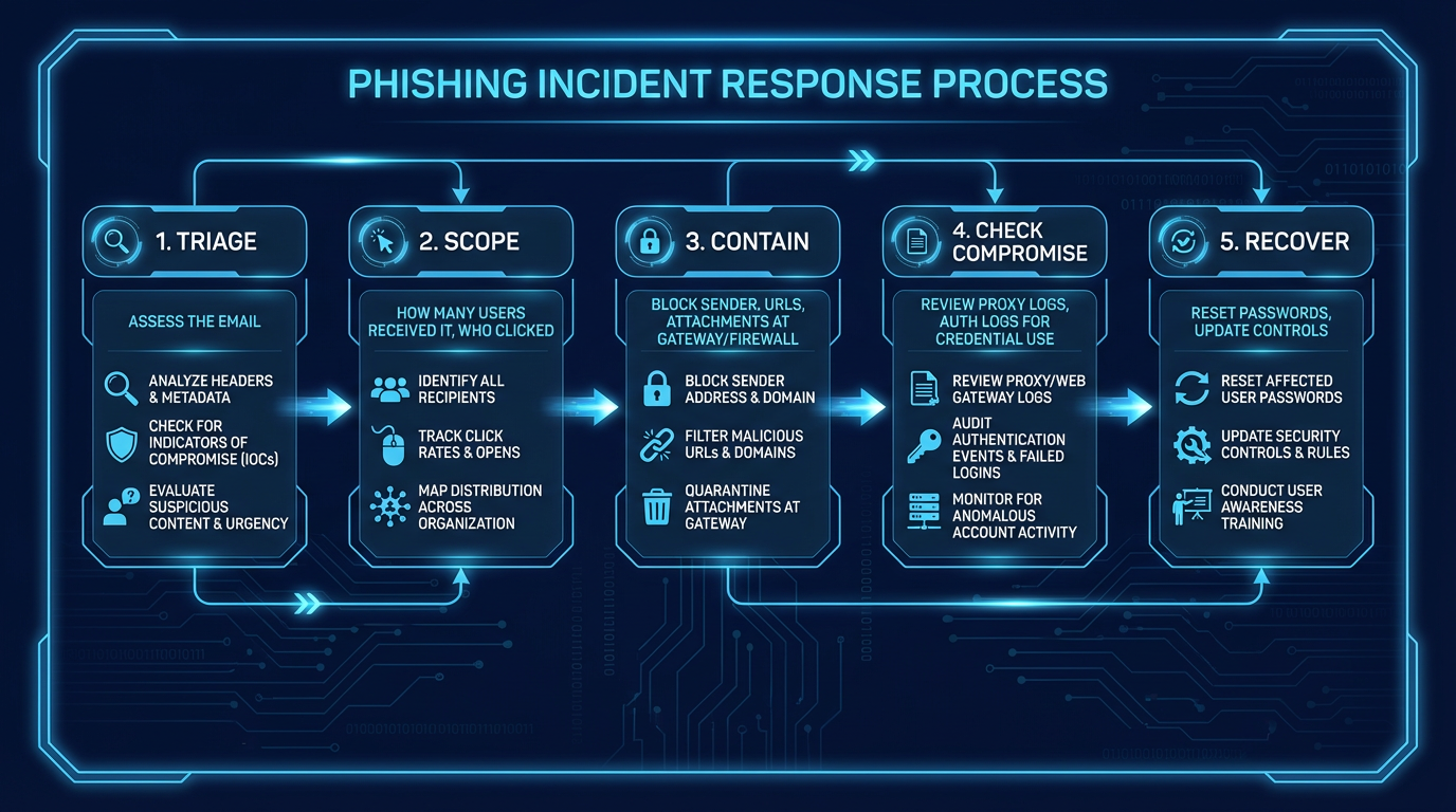 Phishing response process — from initial report through triage, scoping, containment, eradication, and recovery