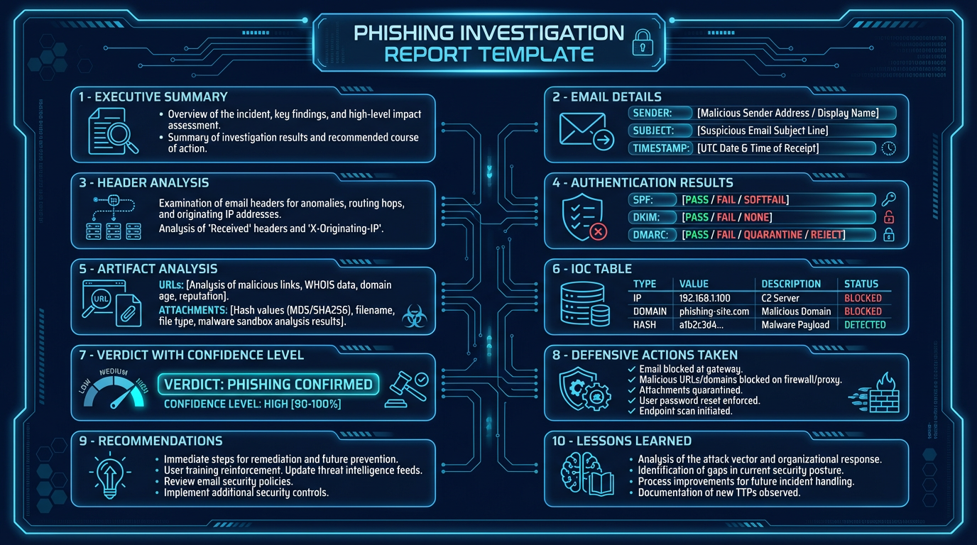 Phishing report template — structured sections from Executive Summary through Lessons Learned